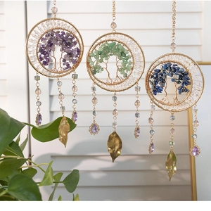 Handmade Tree of Life wall hanging set with purple, green, and blue crystal stones