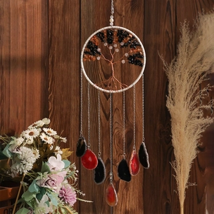 Tree of Life dreamcatcher wall hanging with natural crystal stones and agate slices