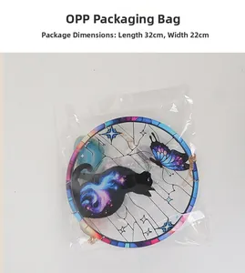 Detailed view of cat and butterfly suncatcher in OPP bag packaging, size 32x22cm