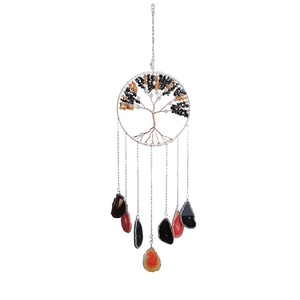 Handmade Tree of Life wind chime with colorful crystal stones and natural agate slices