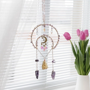 Natural Amethyst Citrine Crystal Suncatcher Moon Star Metal Hanging Wind Chime Prism Rainbow Maker For Home Garden Window Decor Bohemian Healing Gift