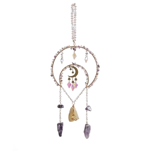 Amethyst crystal suncatcher wind chime with crescent moon pendants and healing stones