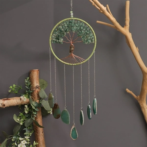 Natural agate stone tree of life dreamcatcher wind chime with a bronze owl pendant