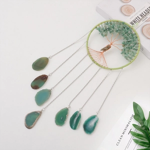 Handmade Tree of Life dream catcher with green agate slices and golden owl charm