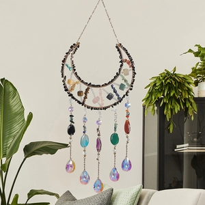 Artistic moon suncatcher with natural stones and aurora crystal droplets for home decor