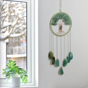 Tree of Life dream catcher with green agate slices and owl pendant for home decor