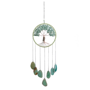 Tree of Life dreamcatcher wind chime with green agate slices and owl charm decor