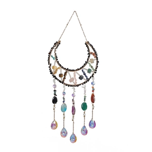 Bohemian crescent moon suncatcher with natural raw stones and crystal teardrops