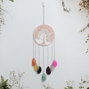 Tree of Life suncatcher with colorful agate slices and natural stones wall hanging