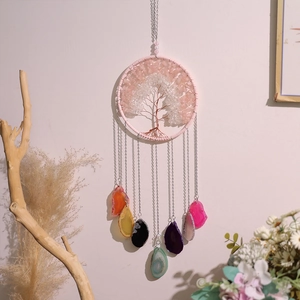 Tree of life suncatcher with natural crushed stones and seven multi-colored agate slices