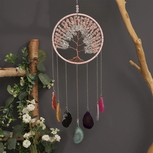 Handcrafted tree of life wall hanging with natural agate slices and gemstone beads