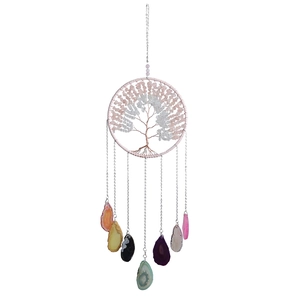 Tree of life wind chime with natural pink crystals and seven colorful agate slices