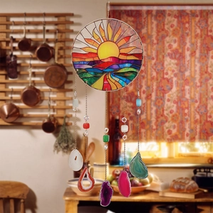 Suncatcher Stained Glass Window Hanging Natural Agate Slices Sunset Landscape Tree Of Life Boho Home Decor Ornament