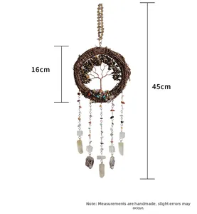 Détail de l'attrape-rêves Arbre de Vie avec pierres de cristal et dimensions exactes