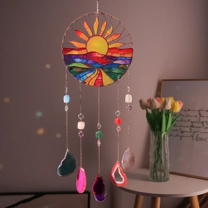 Colorful suncatcher with tree of life glass art and hanging natural agate slices