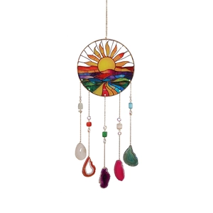 Acrylic suncatcher with tree of life design and natural agate stone slice charms