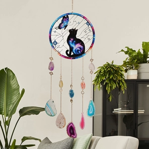 Celestial cat suncatcher with natural agate slices and dreamcatcher tree design