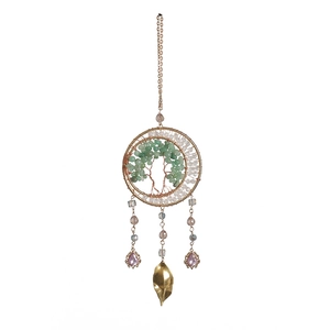 Tree of Life hanging ornament with green stones and rose gold chains on white background