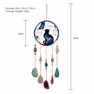 Bohemian suncatcher with black cat design and colorful natural agate stone slices
