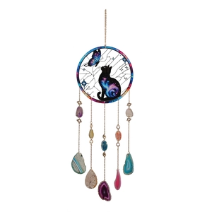 Dream catcher suncatcher with black cat butterfly art and natural agate slices hangings