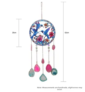 Detail of suncatcher with 20cm hummingbird ring and natural agate slices hanging below