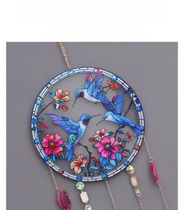 Detail of hummingbird acrylic suncatcher with colorful agate slices and crystal beads