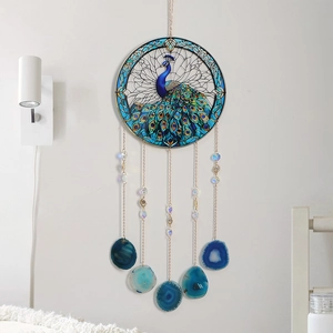 Peacock Suncatcher Hanging Decoration With Natural Agate Slices And Crystal Beads Acrylic Painted Dream Catcher For Home Window Garden Decor