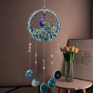 Peacock sun catcher with stained glass pattern, crystal beads and blue agate slices