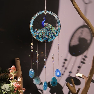 Peacock acrylic suncatcher with natural agate slices and tree of life hanging decoration