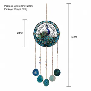 Peacock suncatcher dreamcatcher with natural agate slices and crystals, 63cm total length