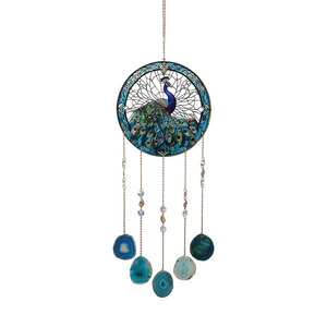 Peacock suncatcher with colorful stained glass, gold chains, and natural agate slices