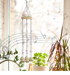 Detailed copper wind chime with ceramic fortune cat and crystal butterfly beads