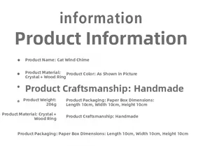 Detailed specifications for handmade crystal and wood cat wind chime showing weight and size
