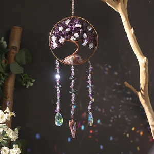 Lebensbaum Sonnenfänger Hängeornament Mit Amethyst Weiß Kristall Steinen Metalldraht Handgefertigt Traumfänger Für Zuhause Zimmer Garten Deko Geschenk