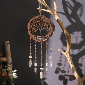Attrape-soleil arbre de vie fait main avec pierres naturelles et anneau en bois