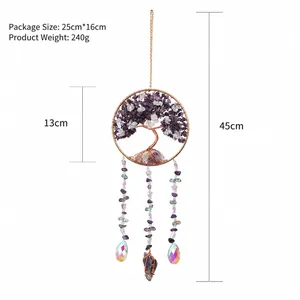 Lebensbaum Sonnenfänger mit rosa Kristallen und Traumfänger-Design für Wanddeko