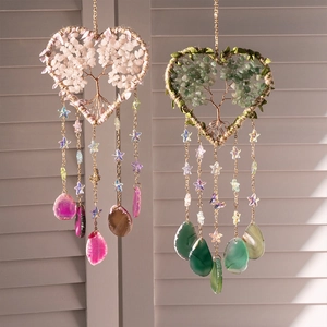 Attrape-rêves Arbre de Vie fait main avec cristaux et tranches d'agate pour décoration