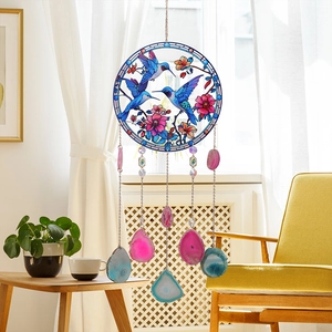 Hummingbird Sun Catcher Hanging Ornament With Natural Agate Slices Stained Glass Style Acrylic Decor For Window Garden