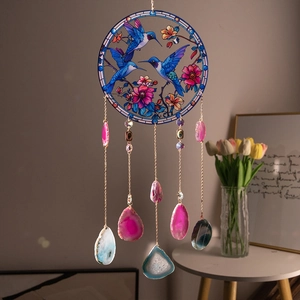 Acrylic suncatcher with hummingbird painted disc and natural agate slices hangings