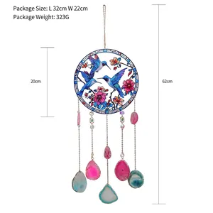 Hummingbird suncatcher with natural agate slices and 20cm diameter size specifications
