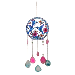 Hummingbird suncatcher with tree of life design and natural agate stone pendants