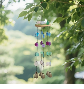 Outdoor close-up of natural agate wind chime with crystal stones and bronze bells
