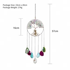 Agate slice dream catcher wind chime with tree of life and gold deer pendant design