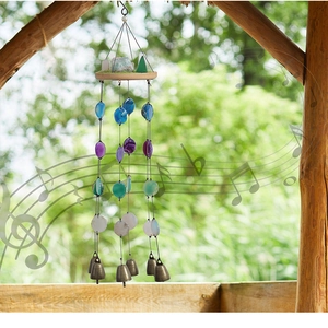 Outdoor wind chime featuring colorful agate slices and five bronze bells for garden decor