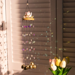 Japanese Lucky Cat Crystal Wind Chime With Wood Base Butterfly Beads Metal Bells For Home Garden Hanging Decoration Gift