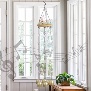 Japanese lucky cat wind chime with wooden disc and six brass bells for home decor