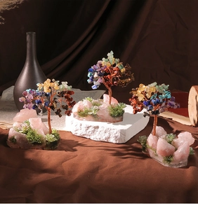 Detailed trio of gemstone money trees with rose quartz bases for home office decor