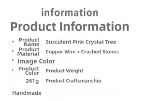 Detailed product dimensions and materials for the handmade rose quartz crystal tree