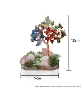 Detail view of handmade 13cm healing crystal tree with rose quartz base and multi gems