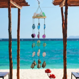 Natural Agate Slices Wind Chimes With Metal Bells And Wood Base Handmade Healing Crystal Stones Hanging Ornament For Home Balcony Decor